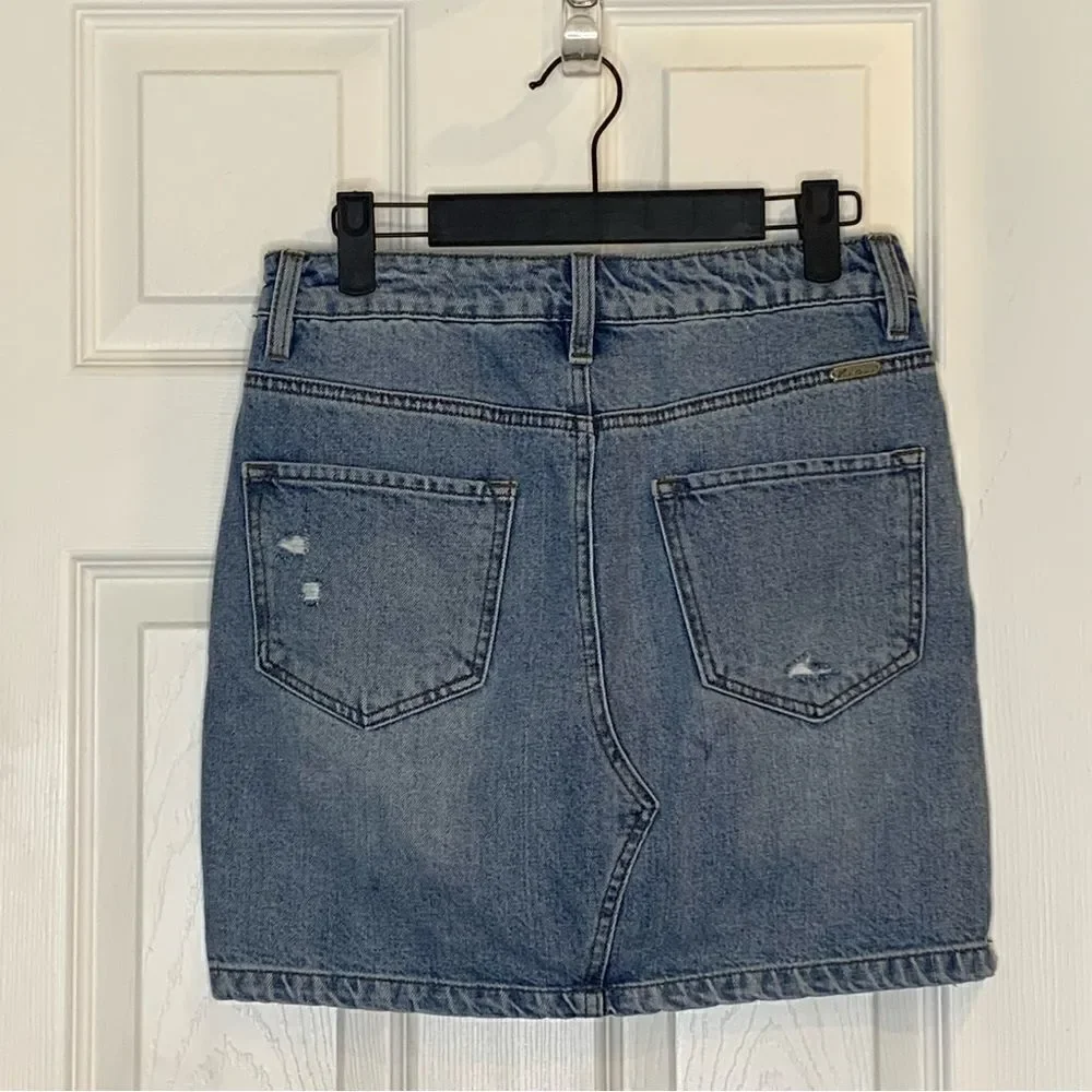 Kancan Light Wash Distressed High Rise Denim Skirt Size Small